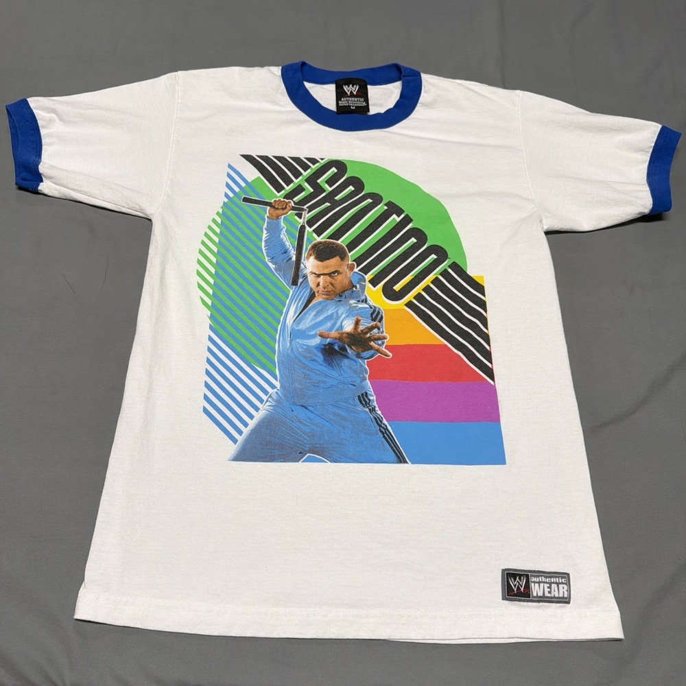 WWE Mens Santino Graphic Ringer T Shirt Medium Double Sided White Blue Trim